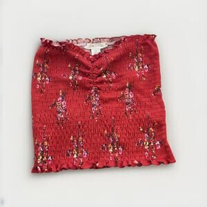 Red Floral Smocked Crop Top Y2K Strapless Tube Tank Top Size XS Junior Women's